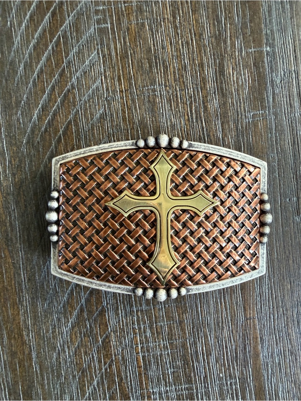 Nocona Belt Co. Cross Western Belt Buckle Copper Gold and Silver Tones 1.5" Belt